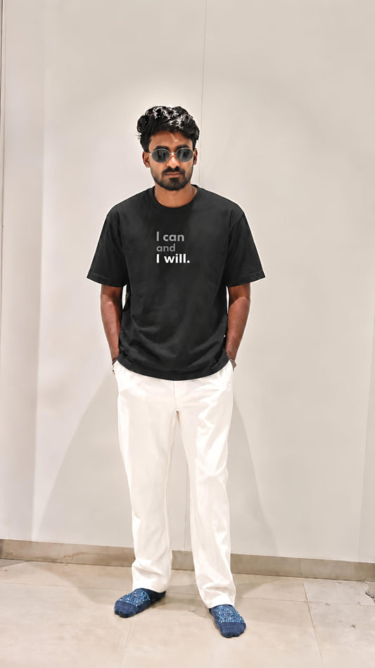 Men’s Oversized “I Can I Will” Cat Graphic Printed T-Shirt